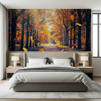 A soft neutral room gains seasonal warmth from Autumn's Golden Path Wall Mural