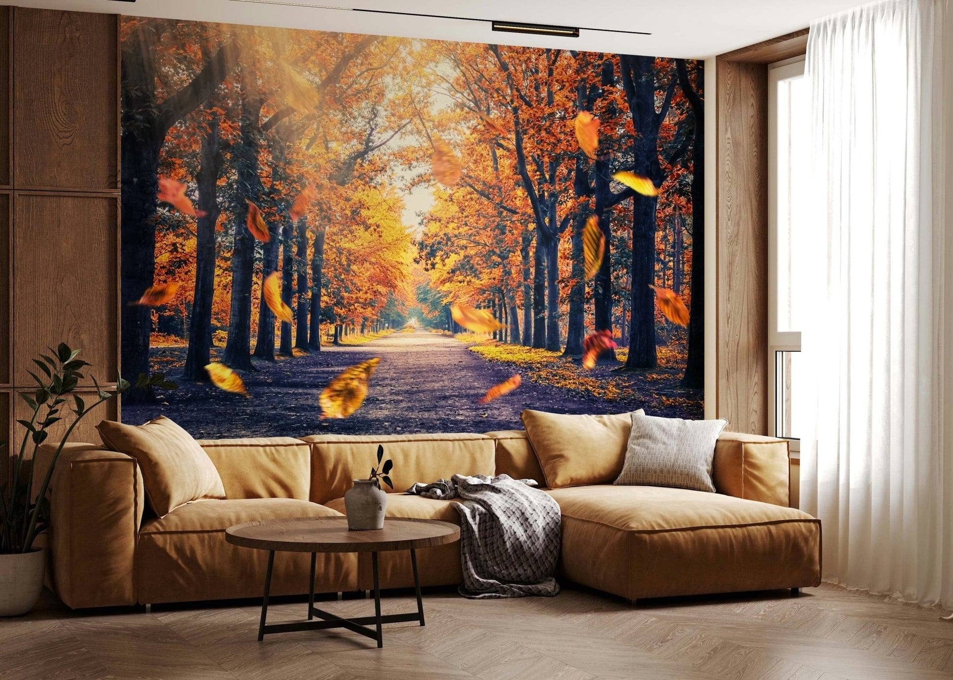 This kitchen lounge area feels warmer with Autumn's Golden Path Wall Mural nearby