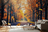 This relaxed living area feels cozier with Autumn's Golden Path Wall Mural across the wall