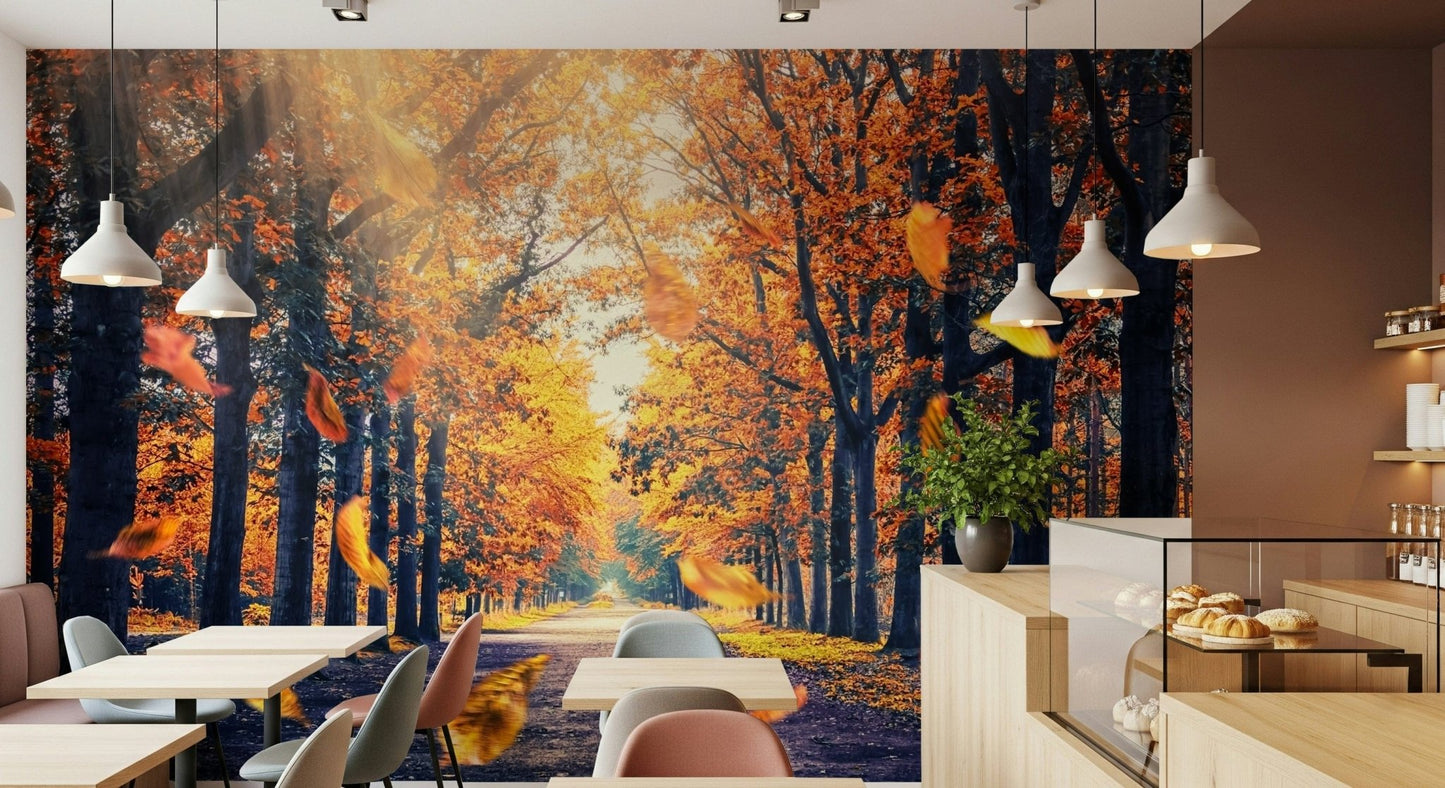 Autumn's Golden Path Wall Mural makes this Cafe feel richer with forest light