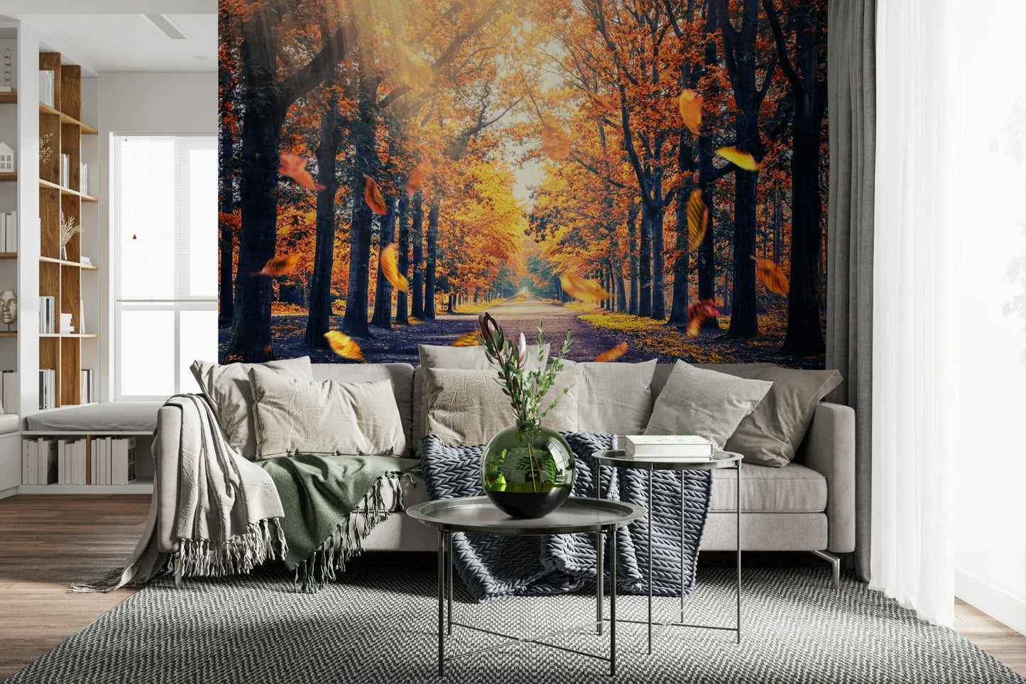 Autumn's Golden Path Wall Mural gives this lounge a glowing forest trail backdrop