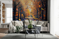 Autumn's Golden Path Wall Mural gives this lounge a glowing forest trail backdrop
