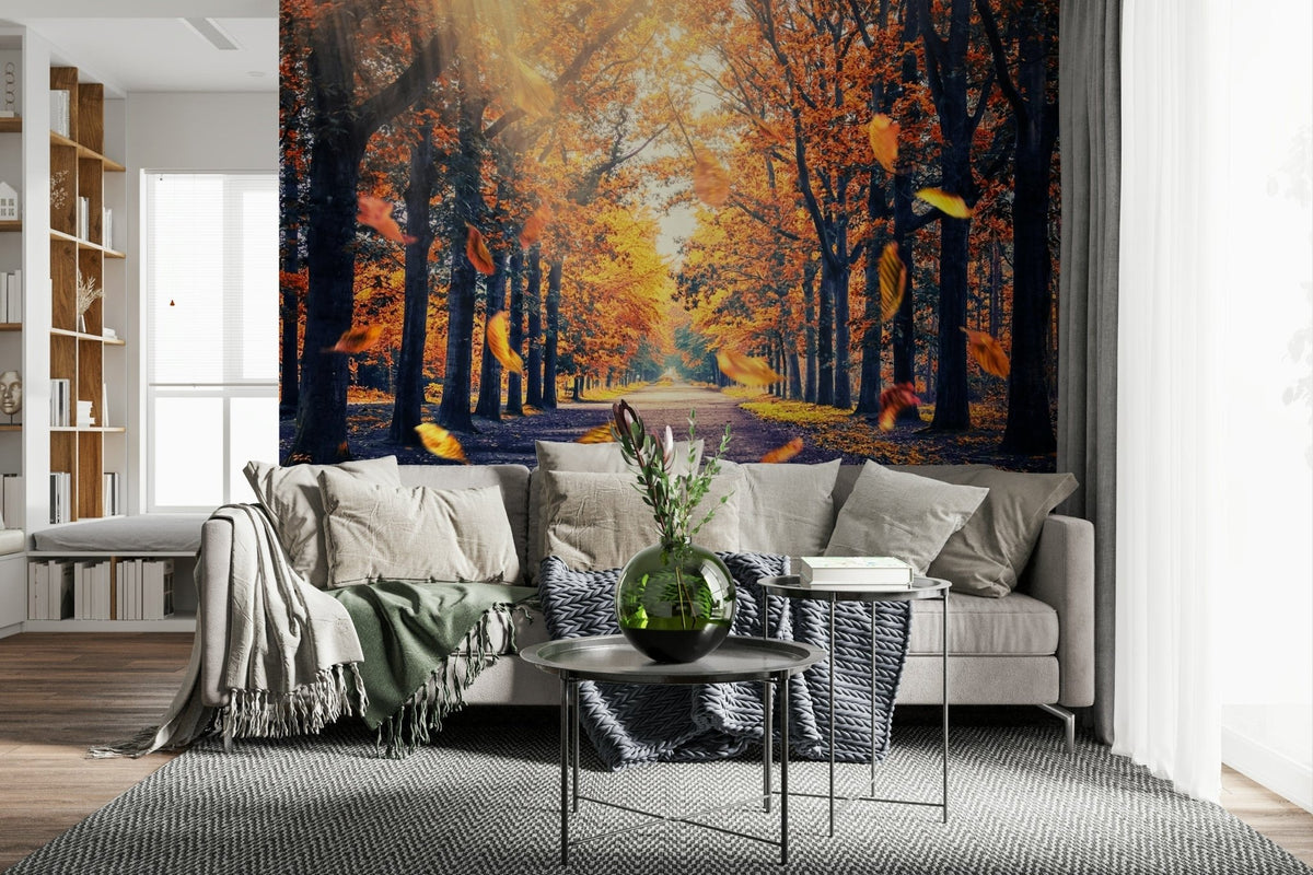 Autumn's Golden Path Wall Mural gives this lounge a glowing forest trail backdrop, GD7984