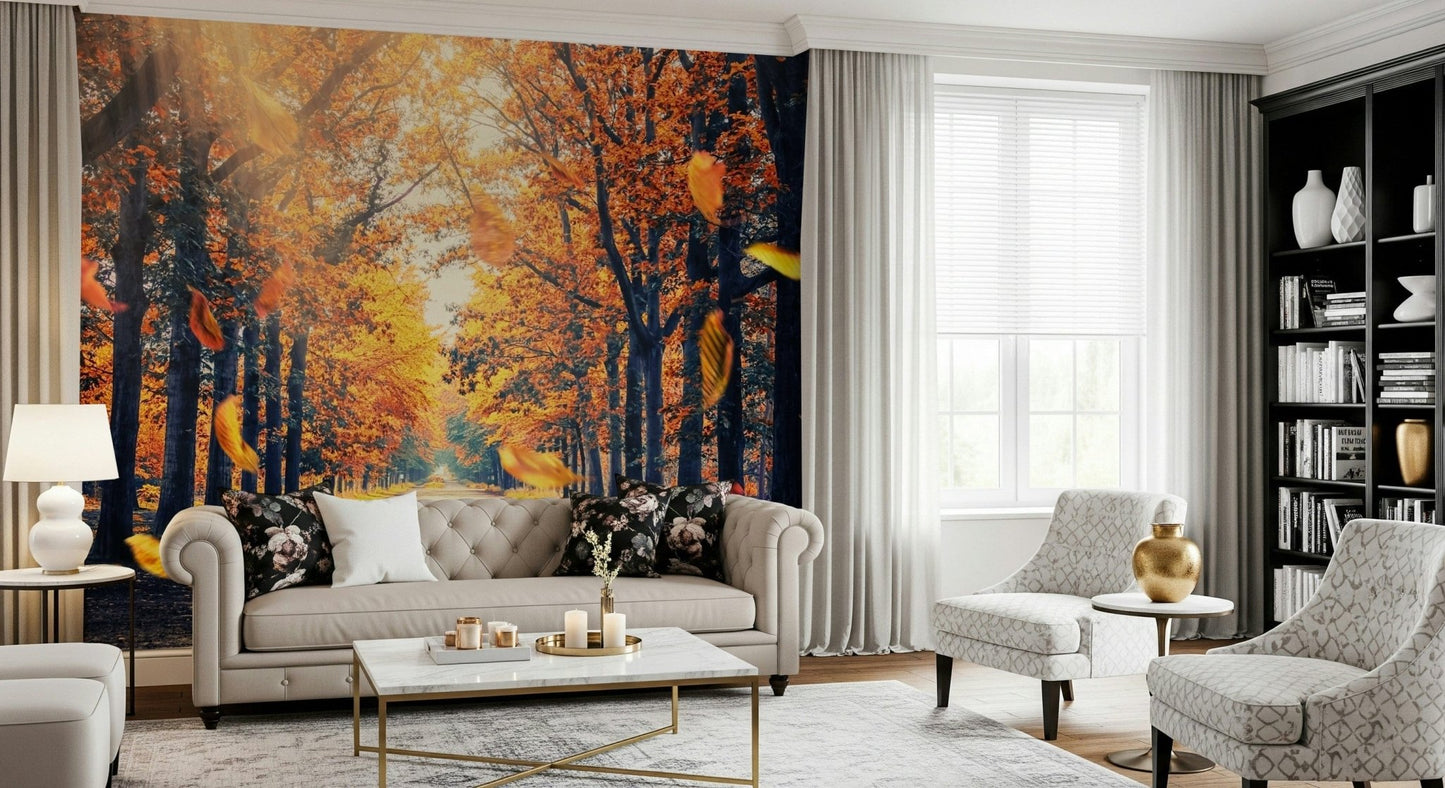 In this spacious lounge, Autumn's Golden Path Wall Mural creates a rich autumn focal point