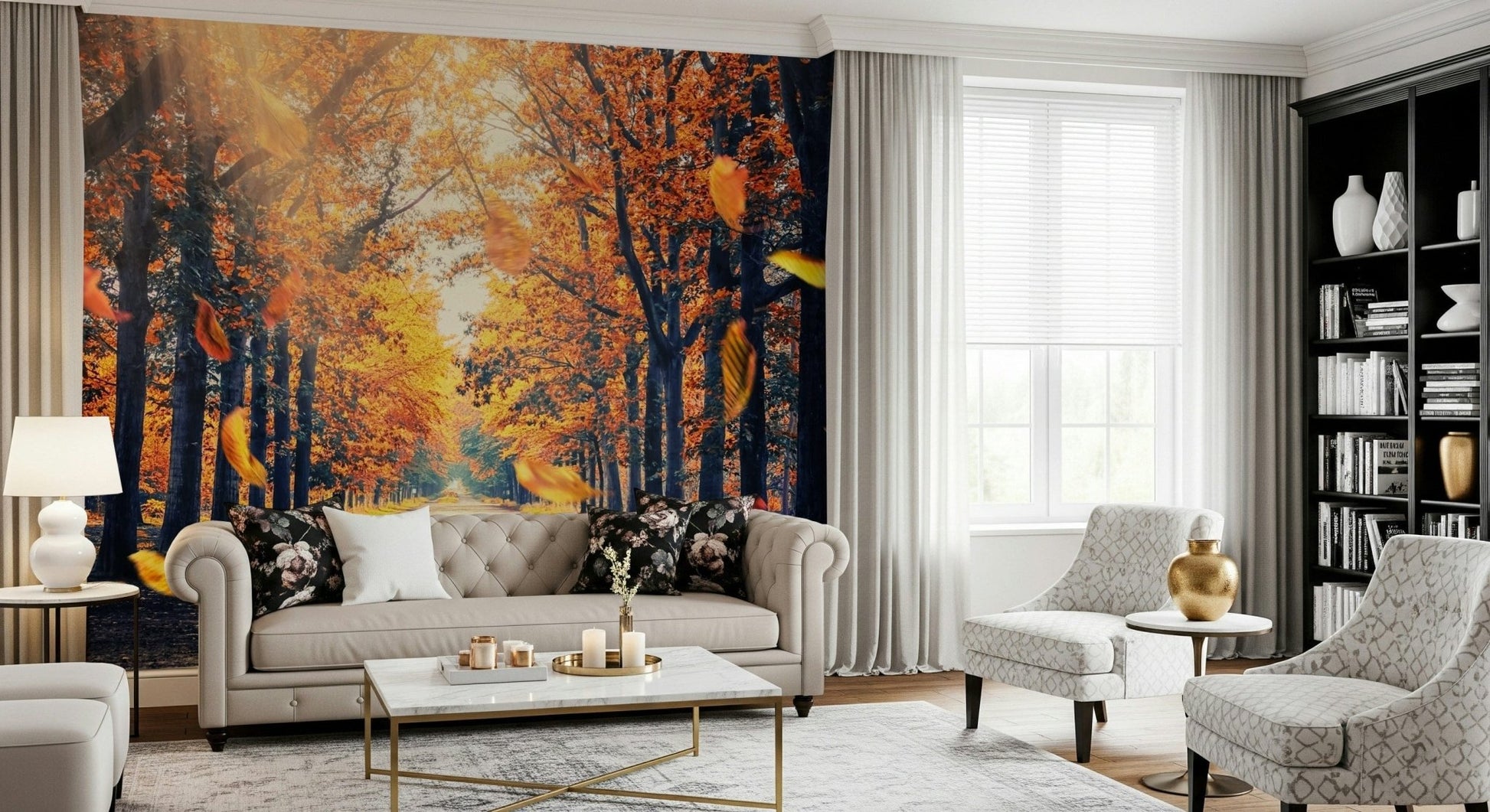 In this spacious lounge, Autumn's Golden Path Wall Mural creates a rich autumn focal point