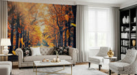 In this spacious lounge, Autumn's Golden Path Wall Mural creates a rich autumn focal point