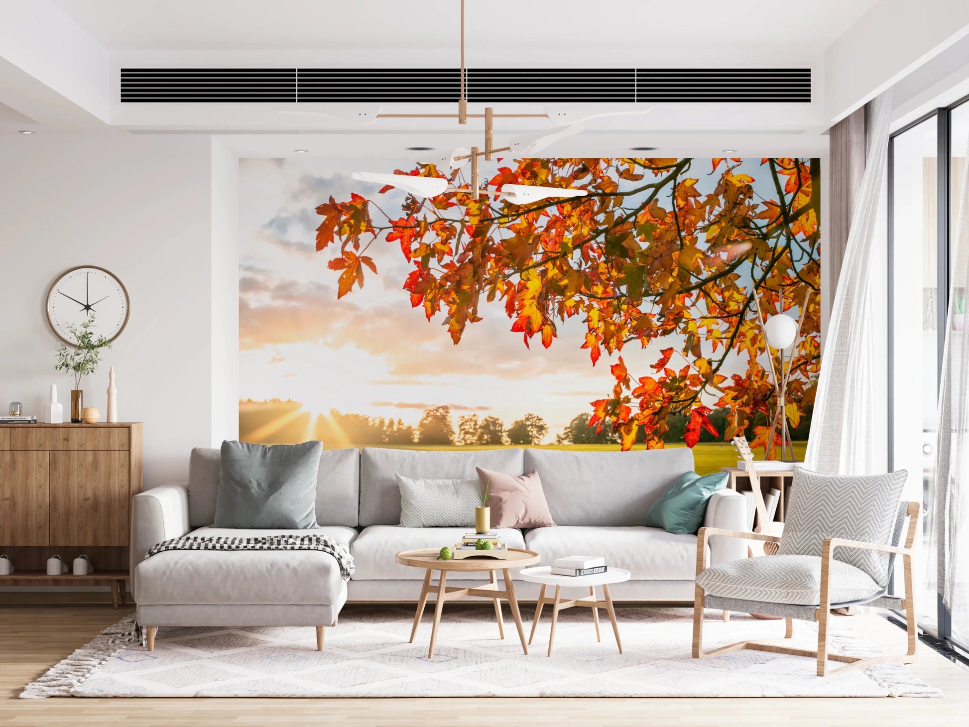 Bright Living interior with Autumn's Golden Symphony Wall Mural and autumn sky glow, GD8631
