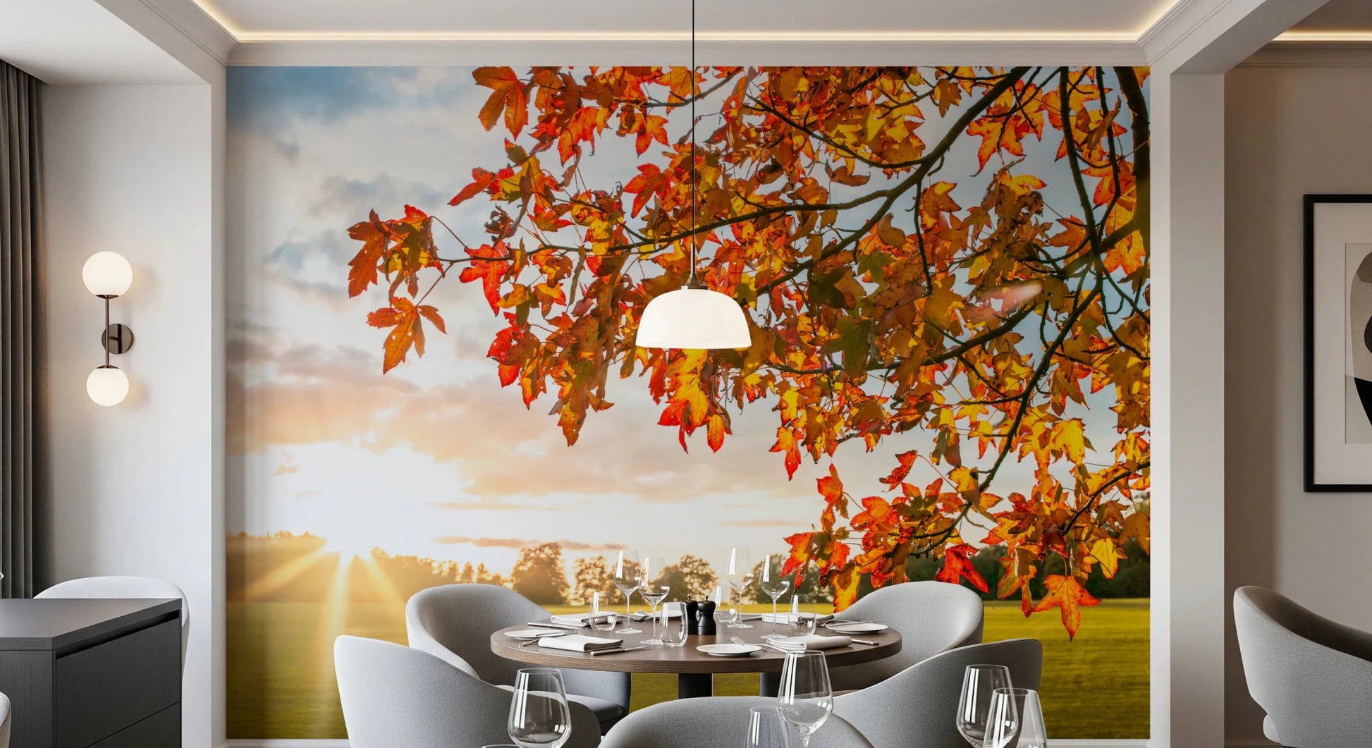 Dining room using Autumn's Golden Symphony Wall Mural and sunset field, GD8631