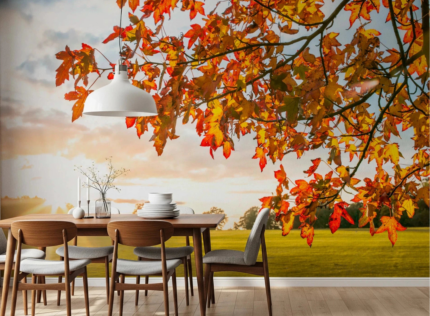 Dining room styled with Autumn's Golden Symphony Wall Mural and warm sunset leaves, GD8631