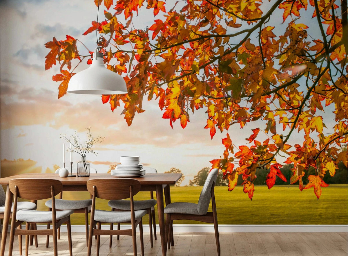 Dining room styled with Autumn's Golden Symphony Wall Mural and warm sunset leaves, GD8631