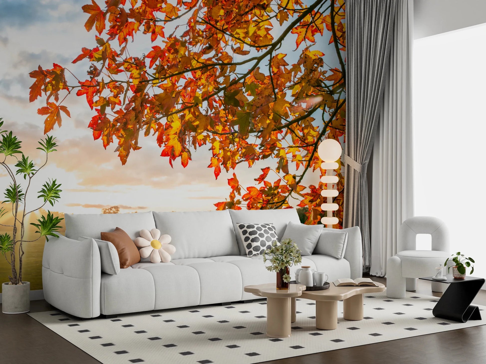 Modern sitting room enhanced by Autumn's Golden Symphony Wall Mural and vivid leaves, GD8631