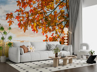 Modern sitting room enhanced by Autumn's Golden Symphony Wall Mural and vivid leaves, GD8631