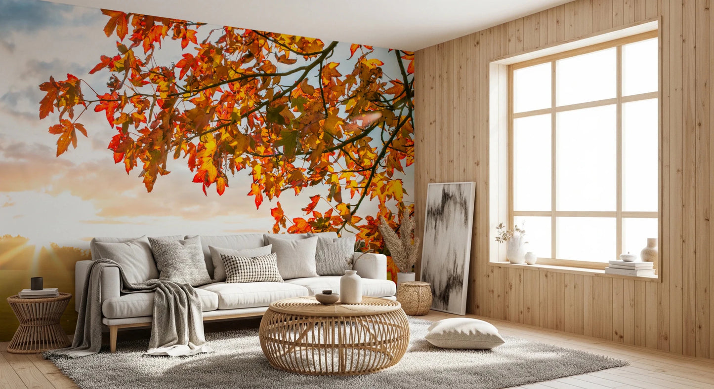 Cozy lounge area with Autumn's Golden Symphony Wall Mural and golden horizon backdrop, GD8631