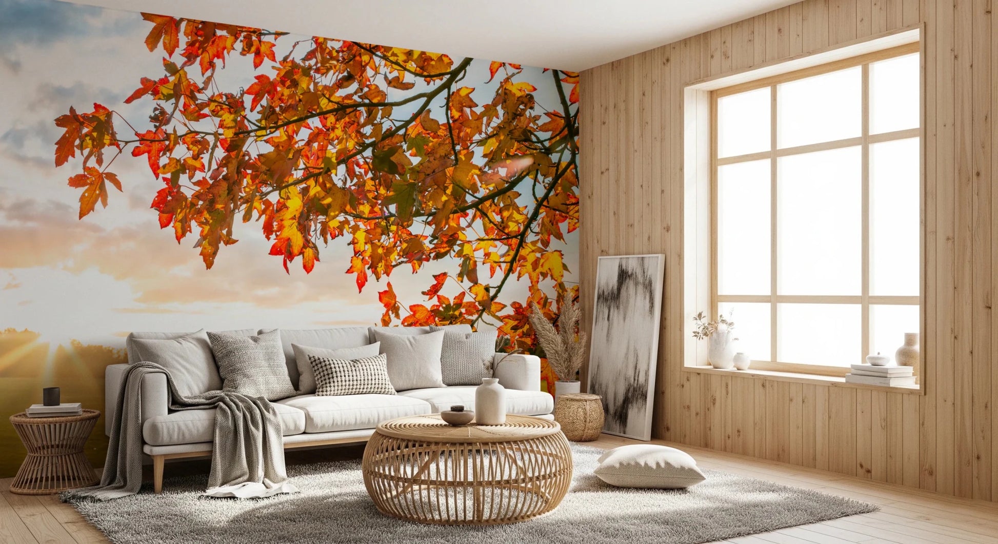 Cozy lounge area with Autumn's Golden Symphony Wall Mural and golden horizon backdrop, GD8631