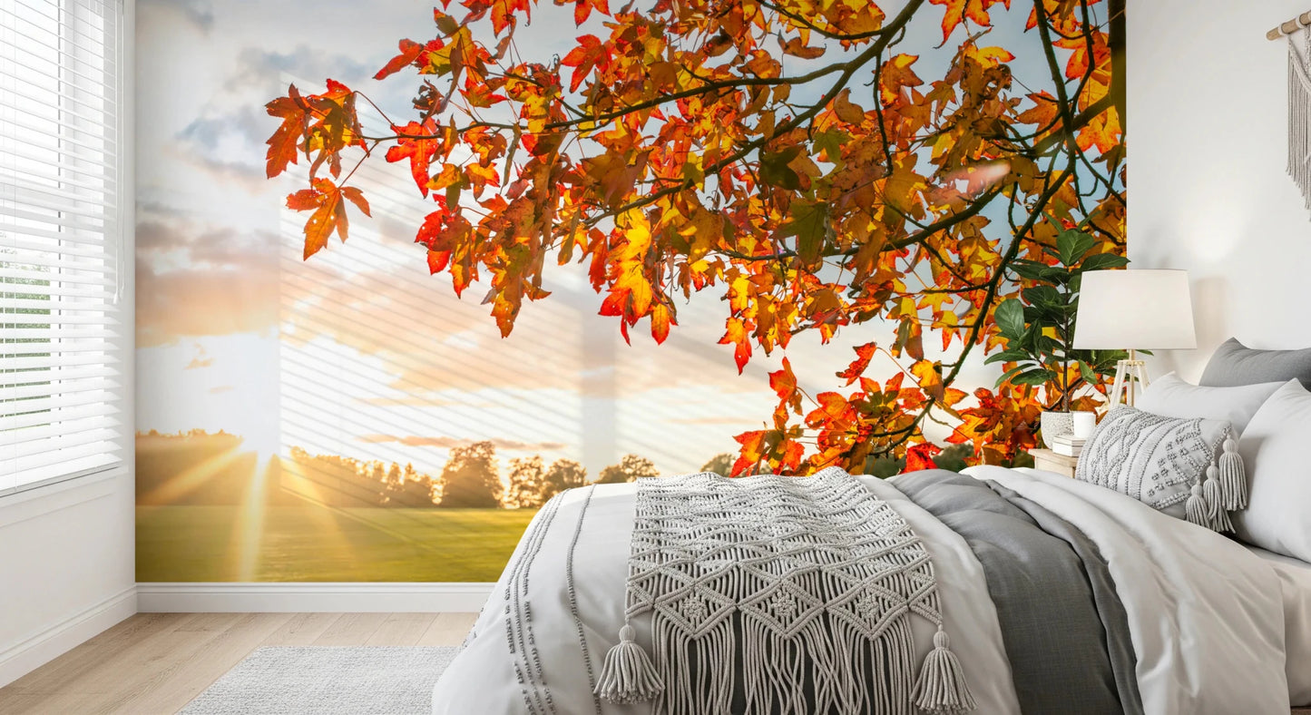 Minimal bedroom setup using Autumn's Golden Symphony Wall Mural and autumn branch scene, GD8631