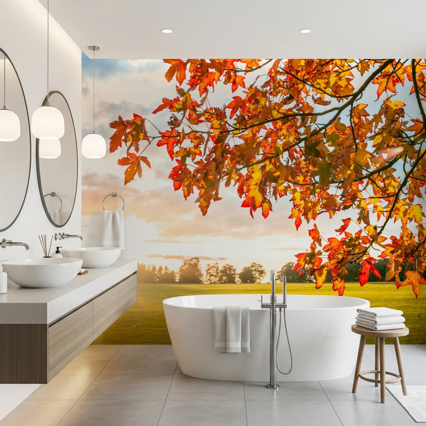 Bathroom space paired with Autumn's Golden Symphony Wall Mural and soft sunlight tones, GD8631