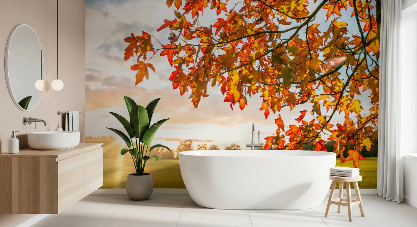 bathroom featuring Autumn's Golden Symphony Wall Mural and warm outdoor view, GD8631