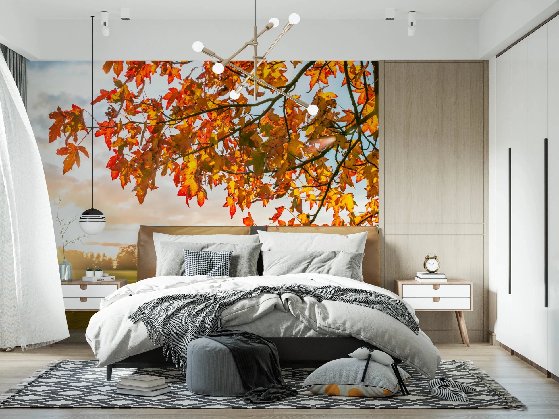 Bedroom view featuring Autumn's Golden Symphony Wall Mural with glowing foliage above, GD8631