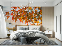 Bedroom view featuring Autumn's Golden Symphony Wall Mural with glowing foliage above, GD8631