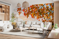Living room arranged around Autumn's Golden Symphony Wall Mural with bright leaf canopy, GD8631