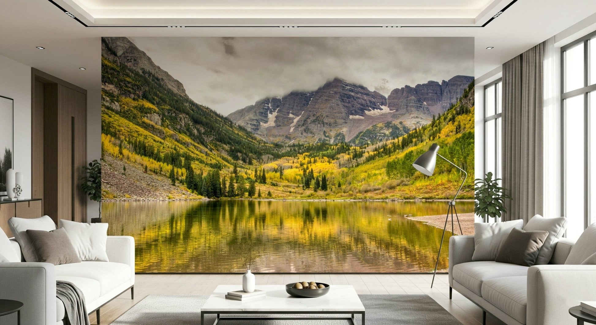 Autumn's Palette wall mural with a clear mountain lake reflecting orange trees.