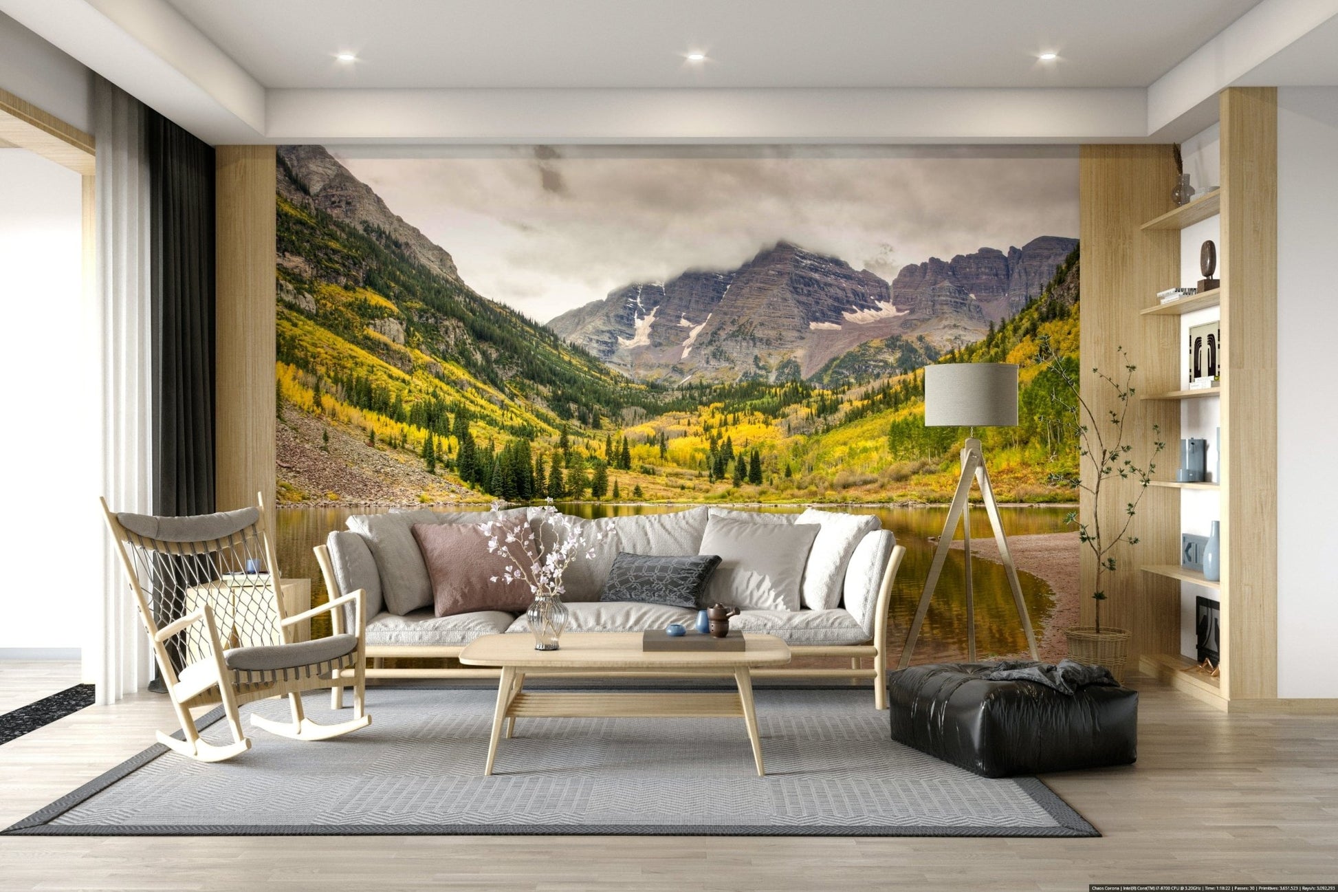 Mirror reflection wallpaper showing a quiet lake and vibrant seasonal woods.