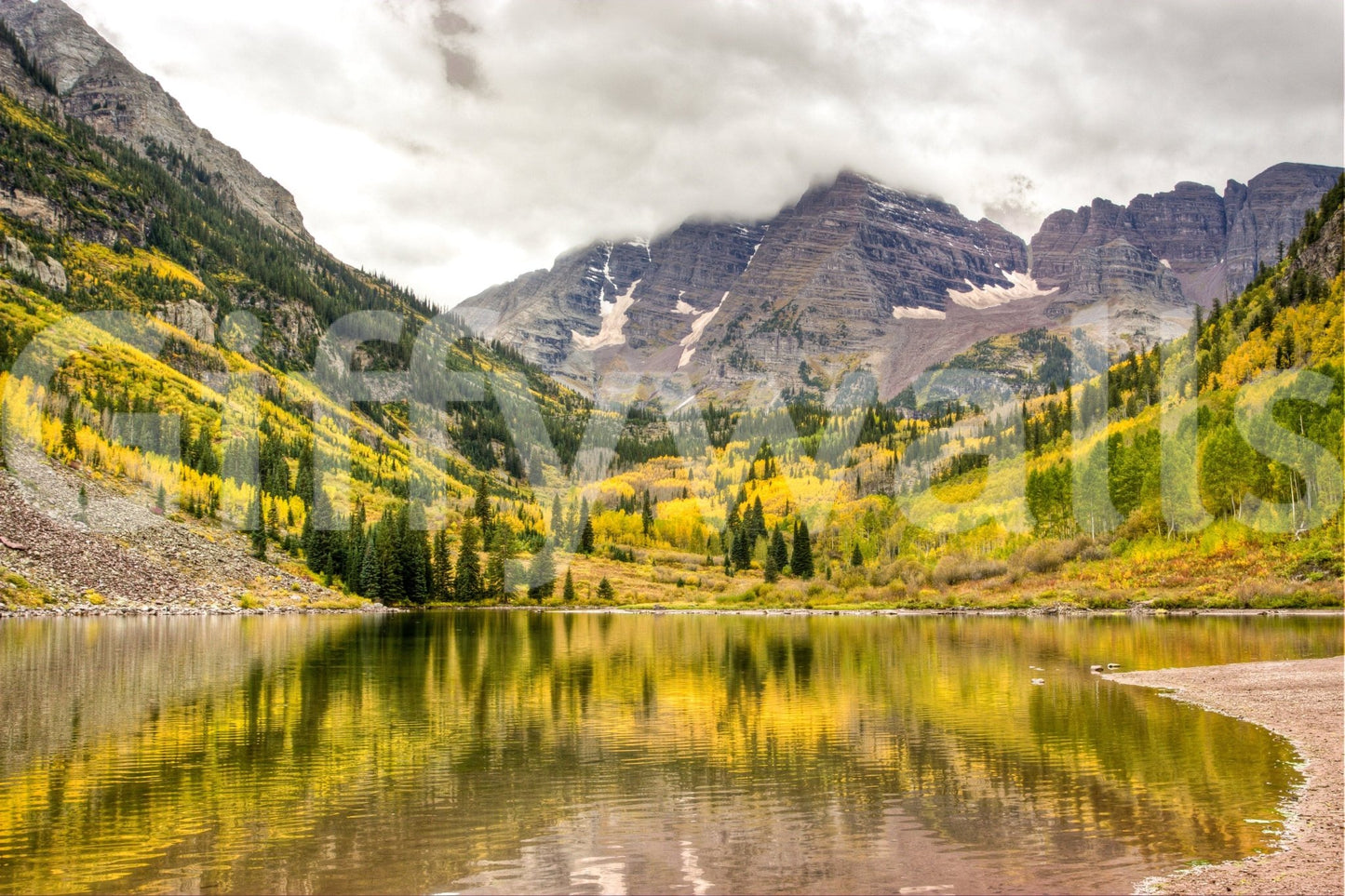 Soft natural lighting on a mountain lake landscape wall mural.