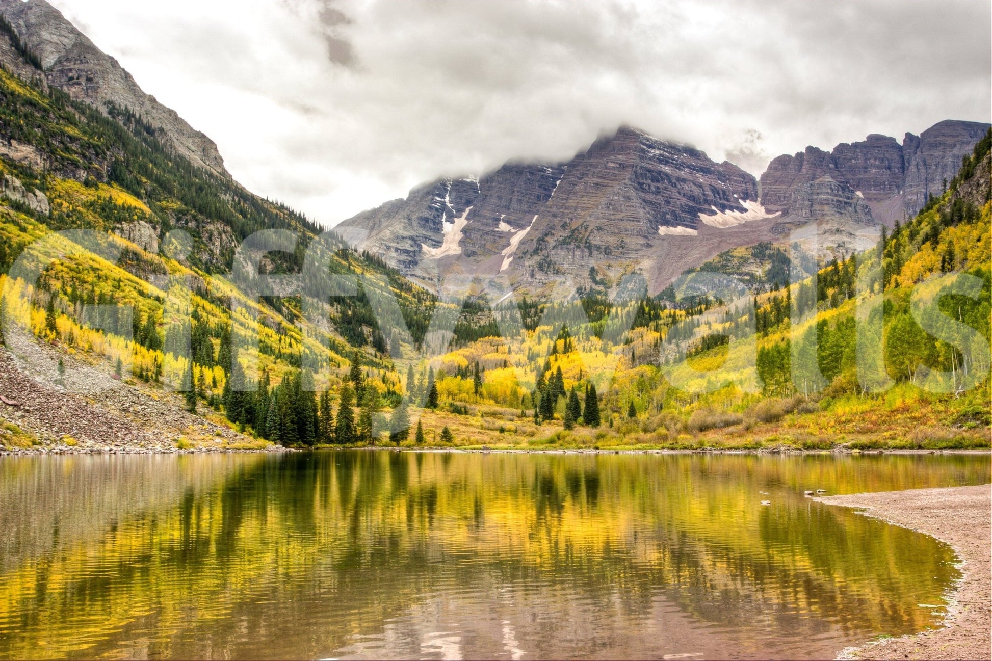 Soft natural lighting on a mountain lake landscape wall mural.