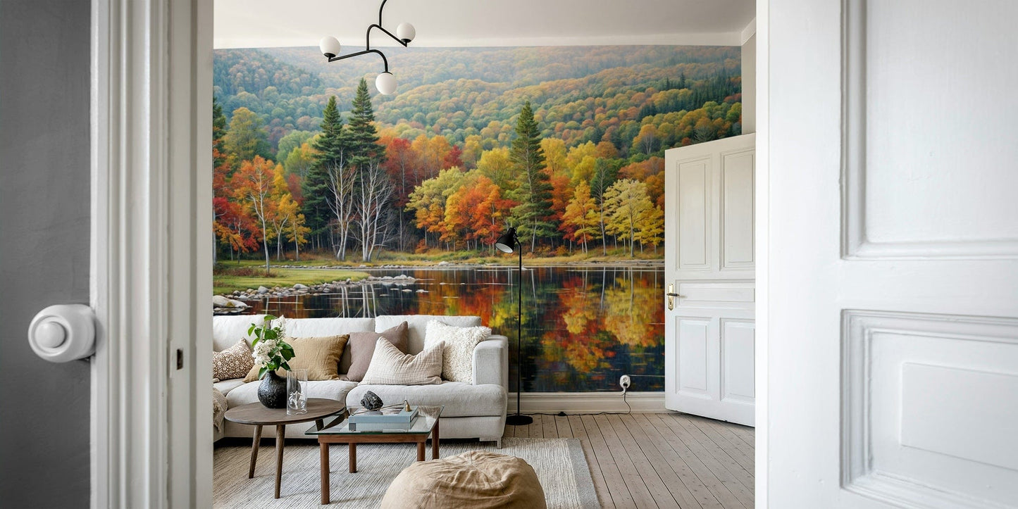 Living room settles with Autumn's Reflection wall mural calm reflections