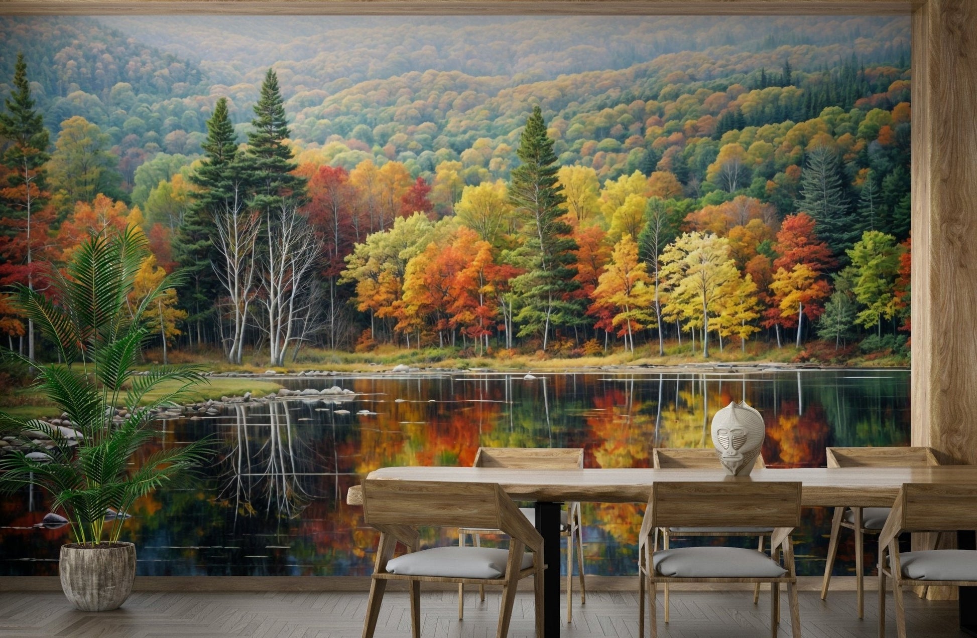 Dining room styling feels balanced with Autumn's Reflection wall mural view