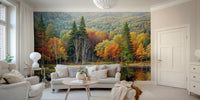 Home office focus improves with Autumn's Reflection wall mural forest tones