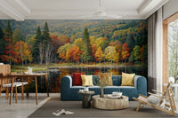 Autumn's Reflection wall mural with golden maple leaves and rustic textures.