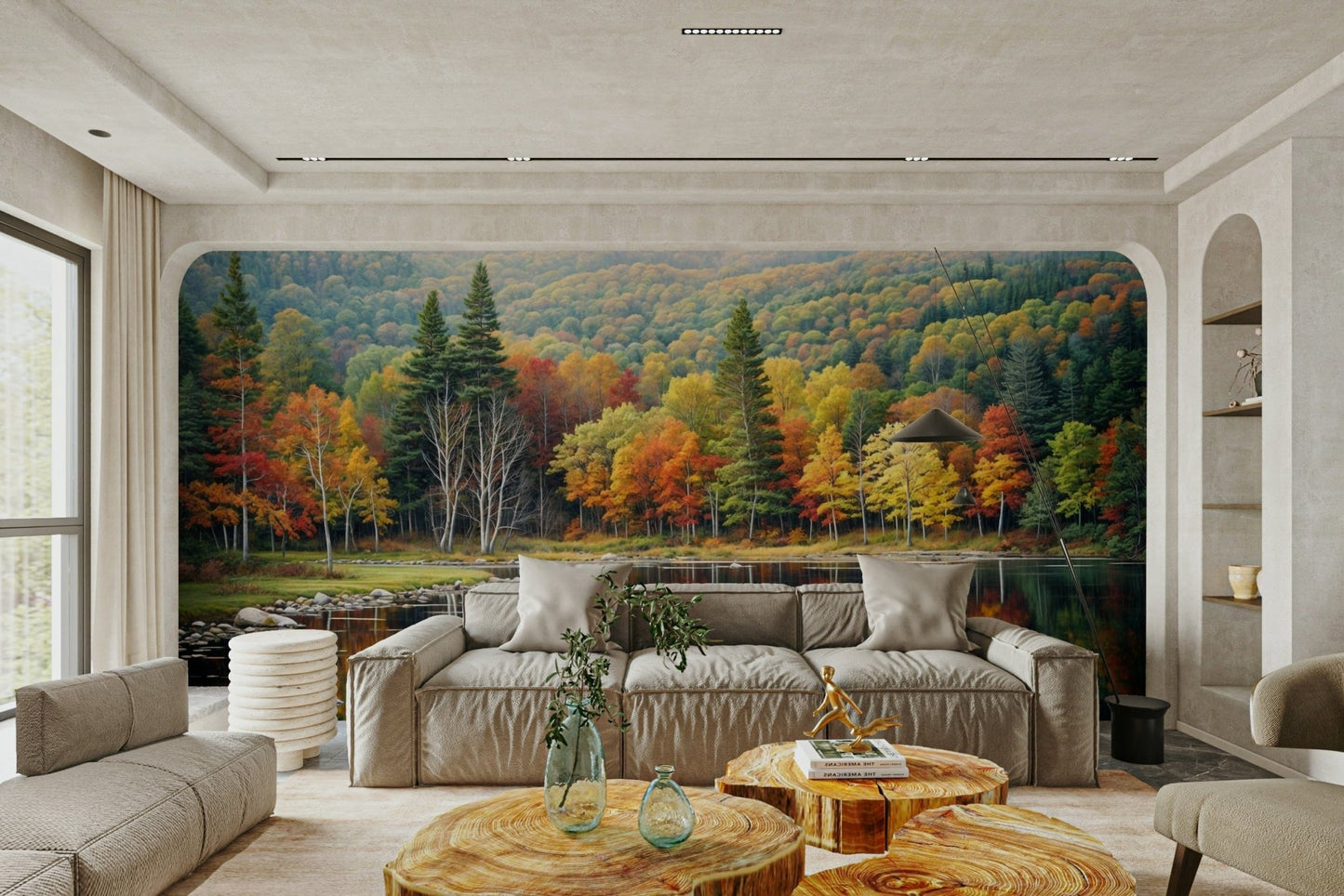 Autumn's Reflection wall mural keeps a Living area calm with natural layering