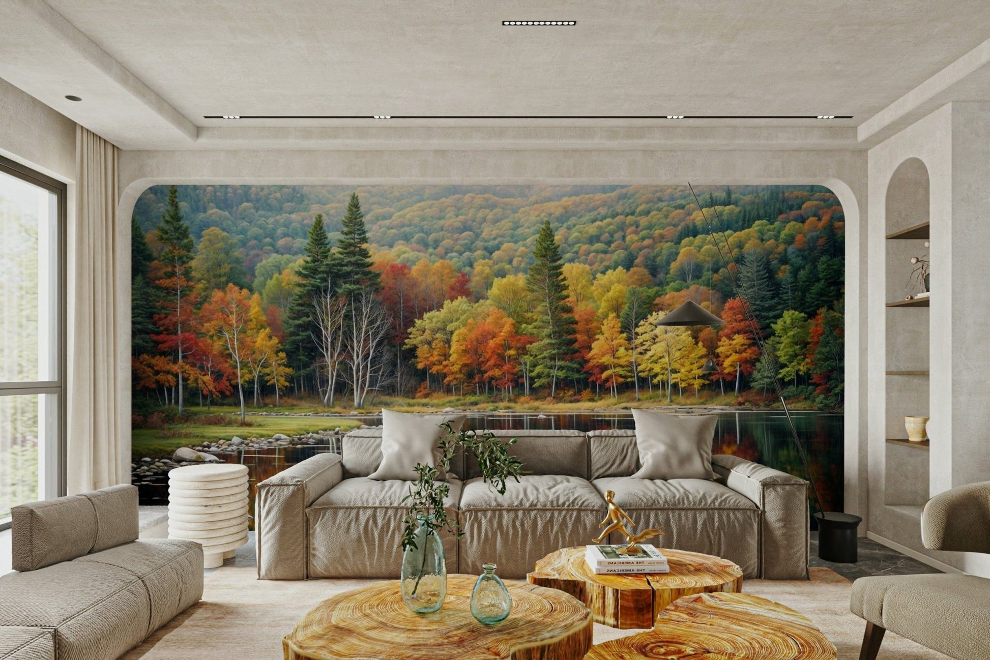 Autumn's Reflection wall mural keeps a Living area calm with natural layering