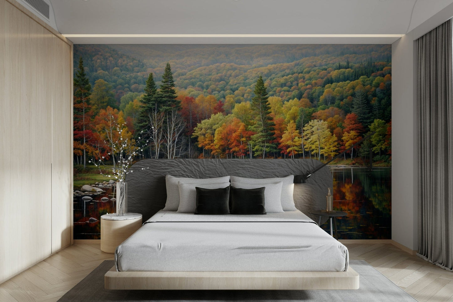 Guest room styling feels richer with Autumn's Reflection wall mural landscape