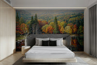 Guest room styling feels richer with Autumn's Reflection wall mural landscape