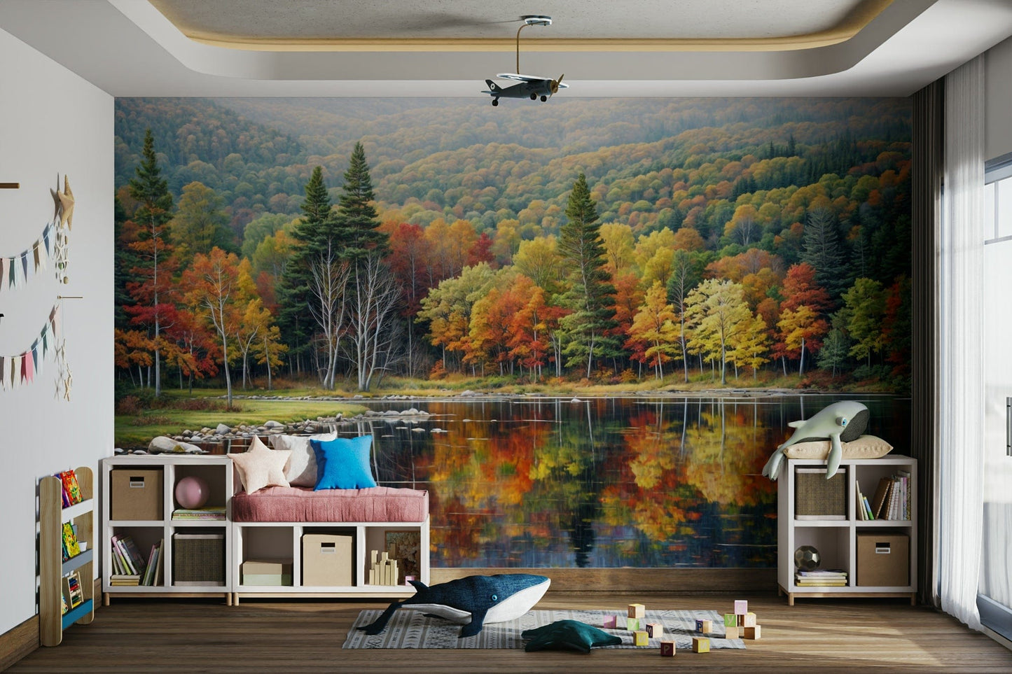 Playroom atmosphere softens with Autumn's Reflection wall mural lake reflection