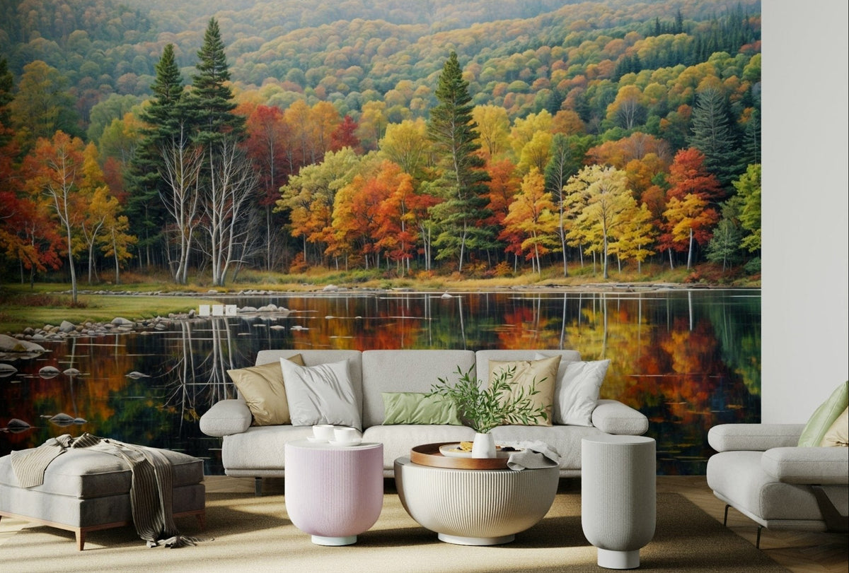 Serene landscape wallpaper featuring orange forest hues and lake reflections., GD244