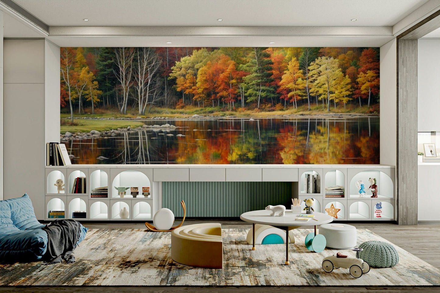A nursery setting feels peaceful beside Autumn's Reflection wall mural scenery