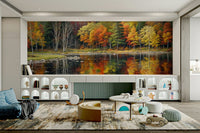 A nursery setting feels peaceful beside Autumn's Reflection wall mural scenery
