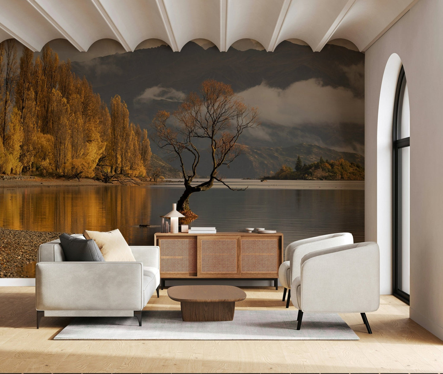 Misty woodland scene wallpaper in a contemporary dining area., GD6923