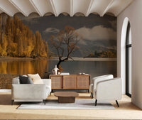 Misty woodland scene wallpaper in a contemporary dining area., GD6923