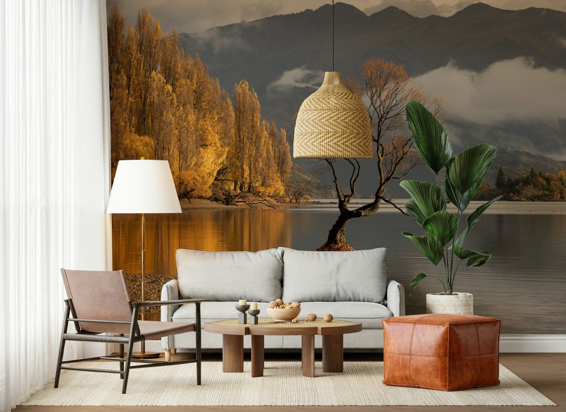 Rustic woodland wall mural styling with neutral furniture and plants., GD6923