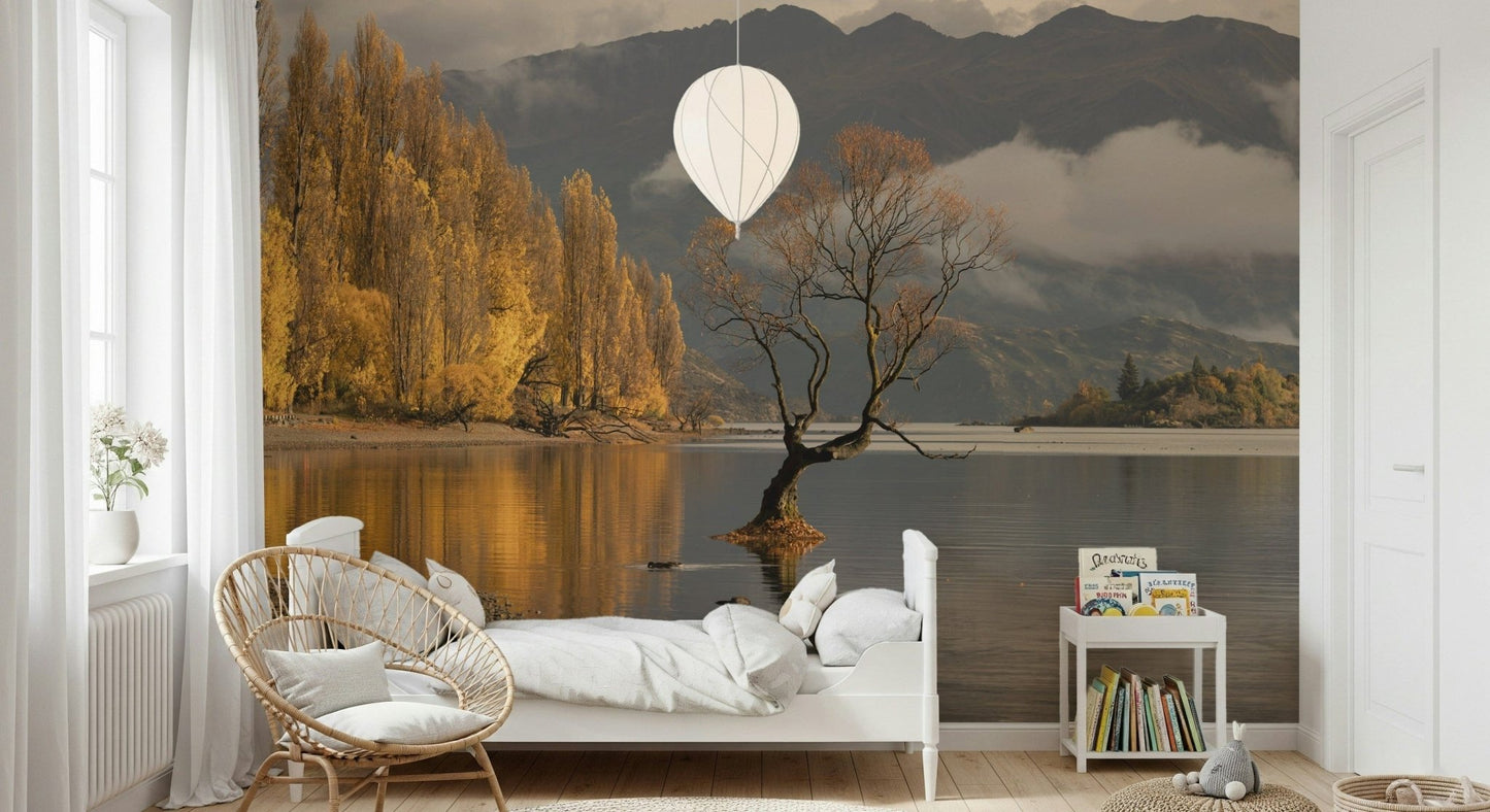 Golden autumn trees mural for a peaceful study room interior., GD6923