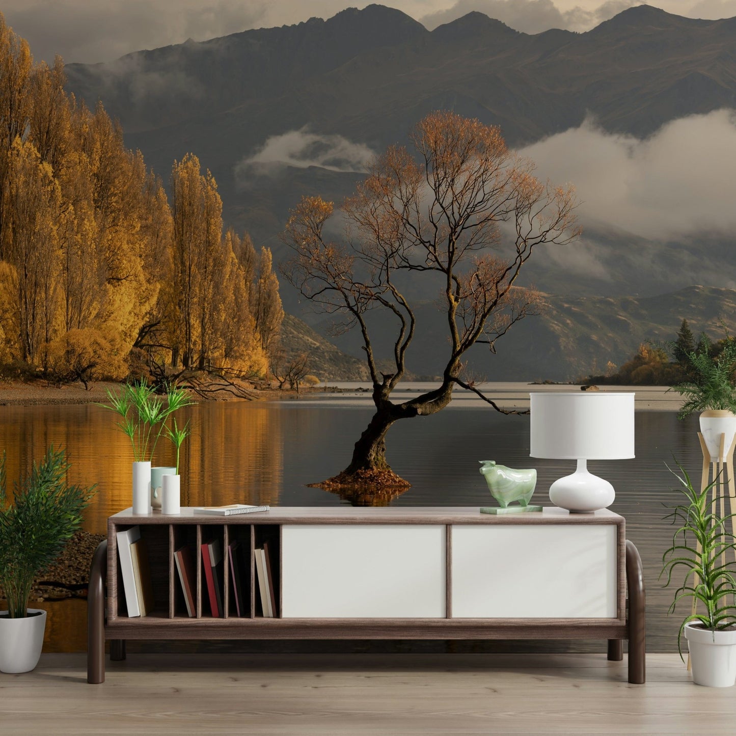 Autumn's Reflection Woodland Wall Mural behind a wooden bed frame., GD6923