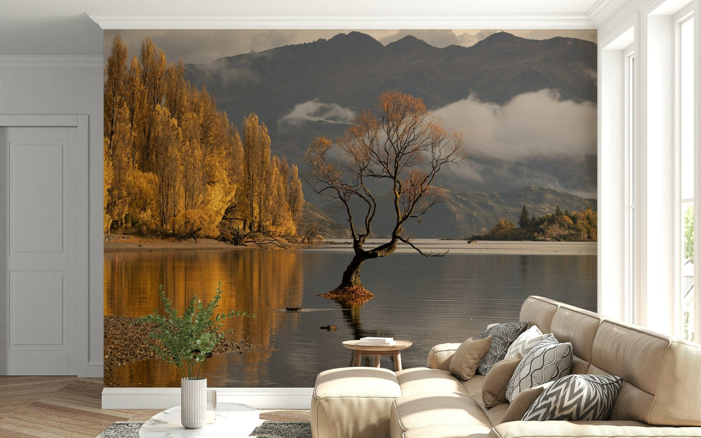 Seasonal forest wallpaper with orange maple leaves for a master bedroom., GD6923