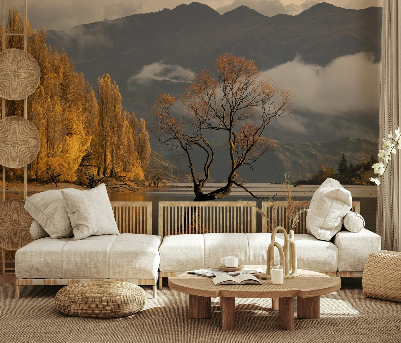 Nature inspired wall mural with brown and gold foliage for lounges.