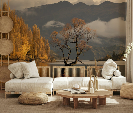 Nature inspired wall mural with brown and gold foliage for lounges.