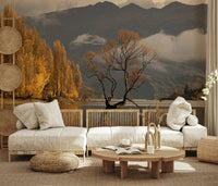 Nature inspired wall mural with brown and gold foliage for lounges., GD6923