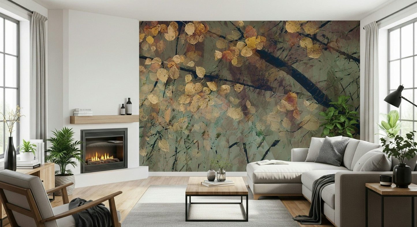 Detailed seasonal tree wallpaper for a contemporary lounge accent wall.